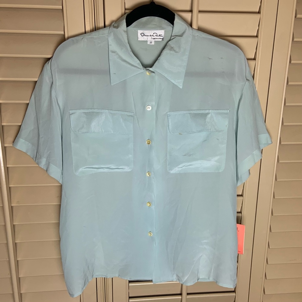 Vintage Oscar De La Renta Mint Green Expressions Shirt